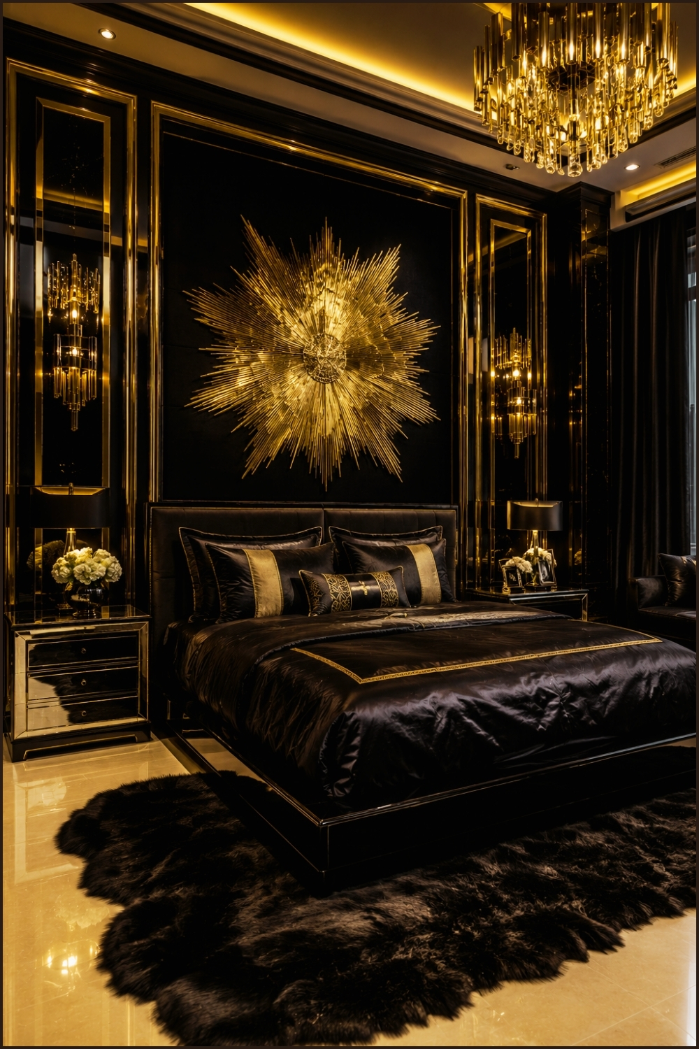 Luxe Black Bedroom with Metallic Wall Art