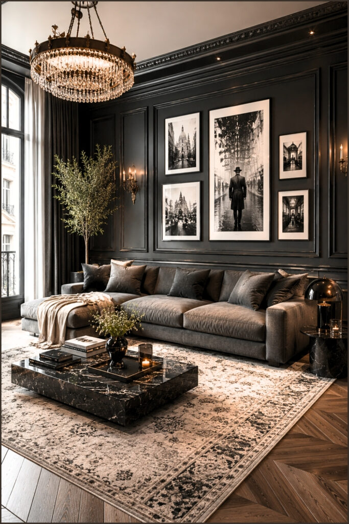 Luxury Black Living Room With Stone Fireplace