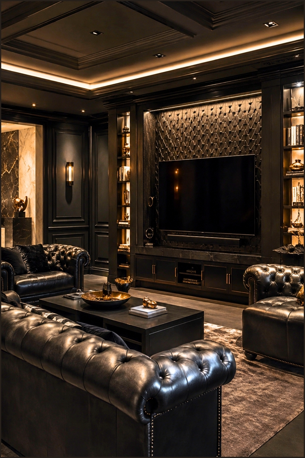 Luxury Black Living Room With Tufted Leather Seating
