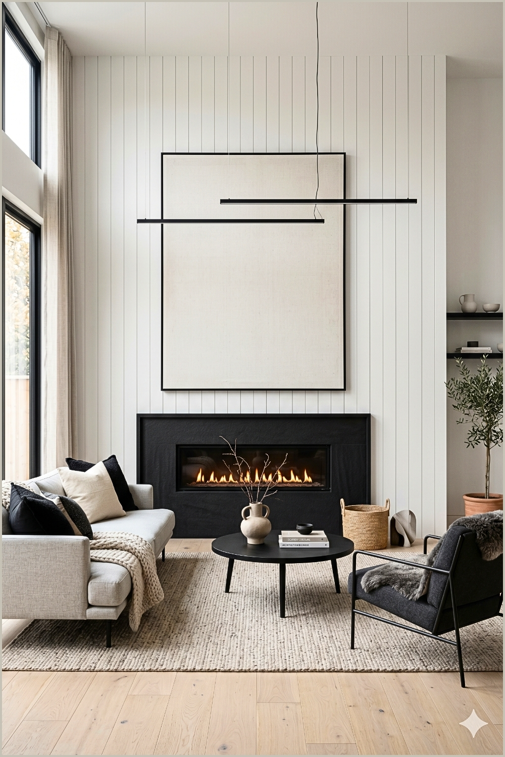 Minimal Black and White Linear Fireplace