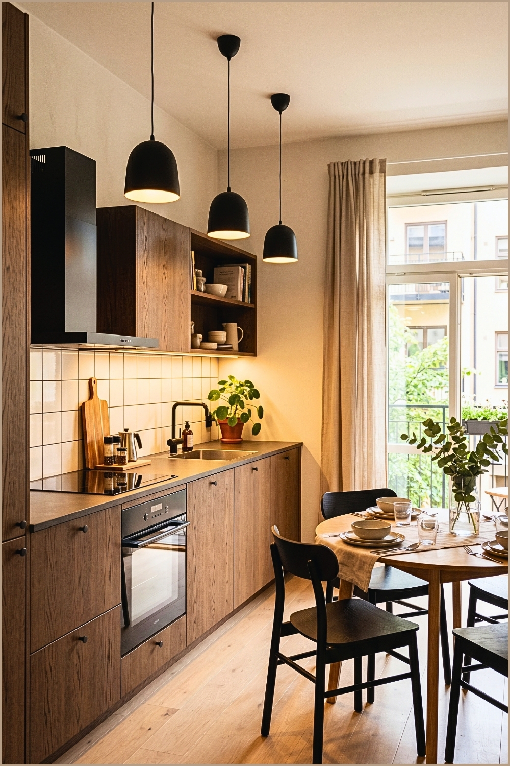 Minimal Dark Oak Apartment Kitchen