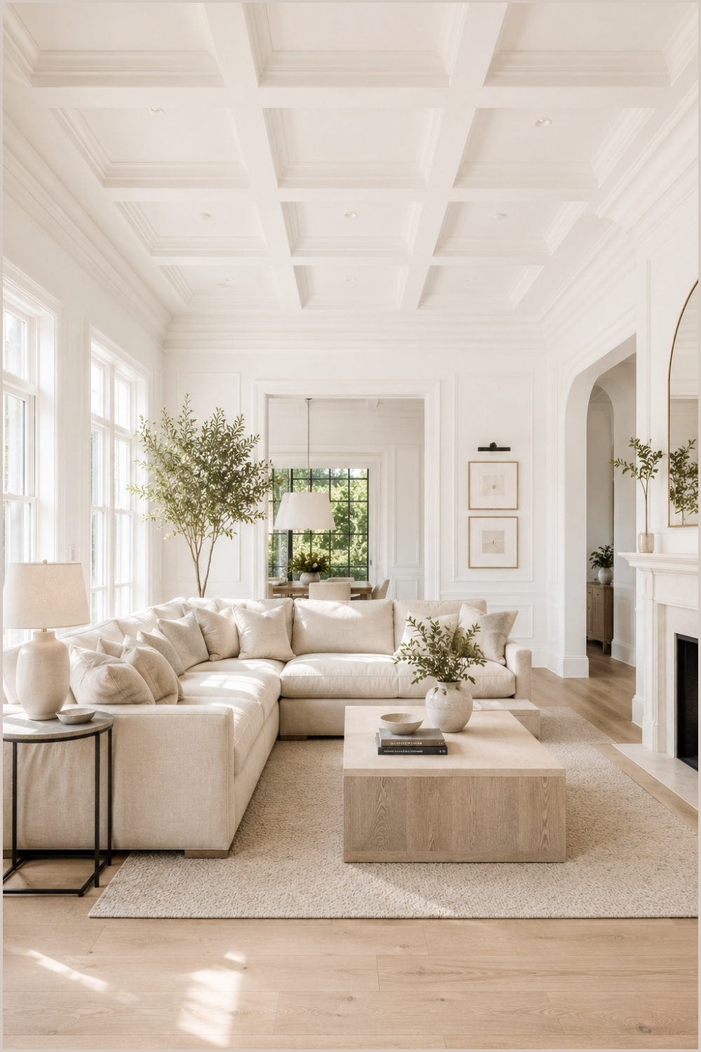 Minimal Neutral Living Room With Coffered Ceiling