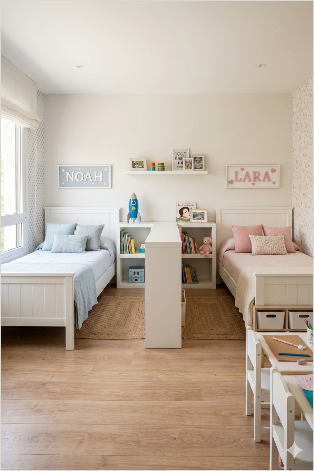 Minimalist Pastel Twin Room with Divider