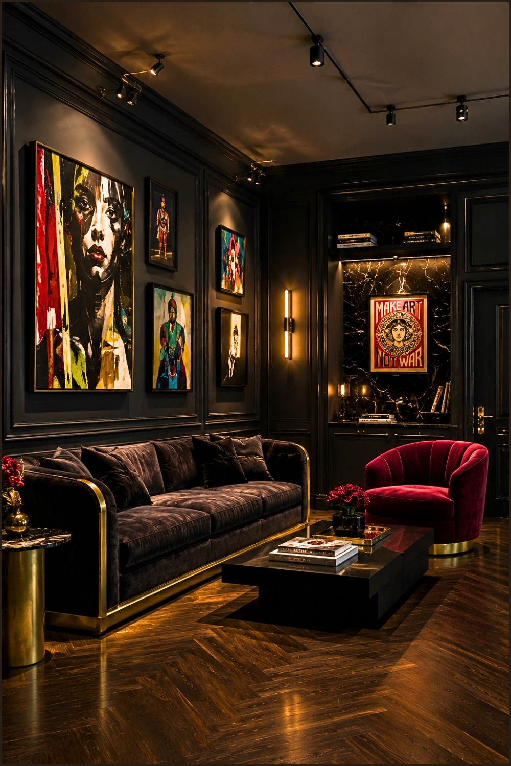 Modern Black Art Deco Lounge With Colorful Wall Art