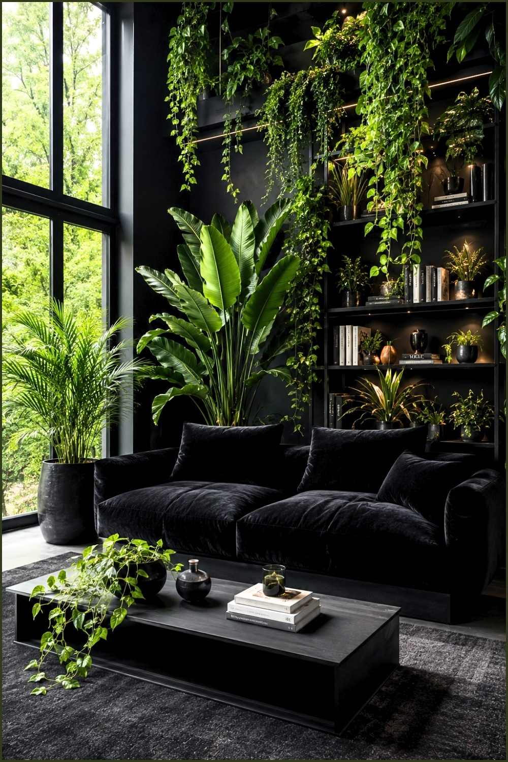 Modern Black Botanical Living Room