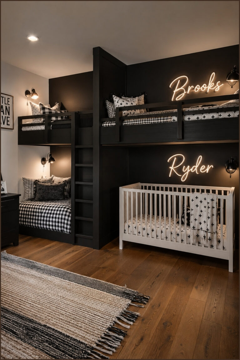 Modern Black Shared Kids Bunk Room