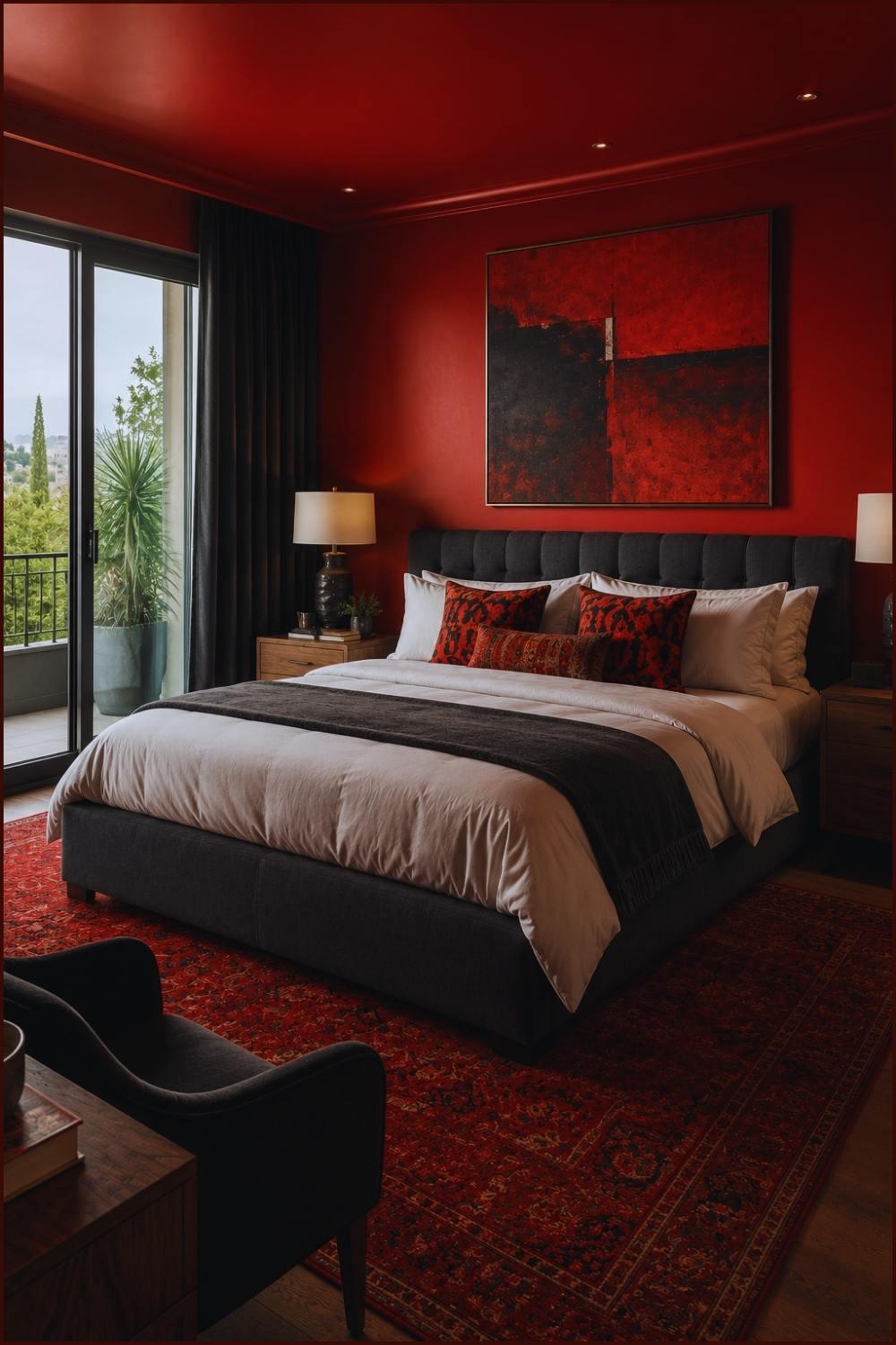 Modern Crimson Accent Wall Bedroom