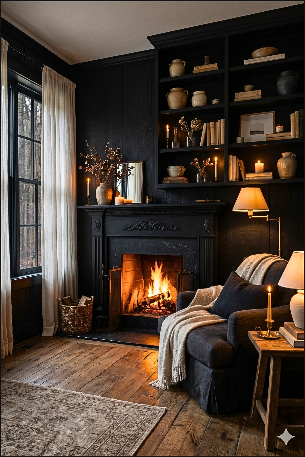 Modern Dark Cottage Fireplace Lounge