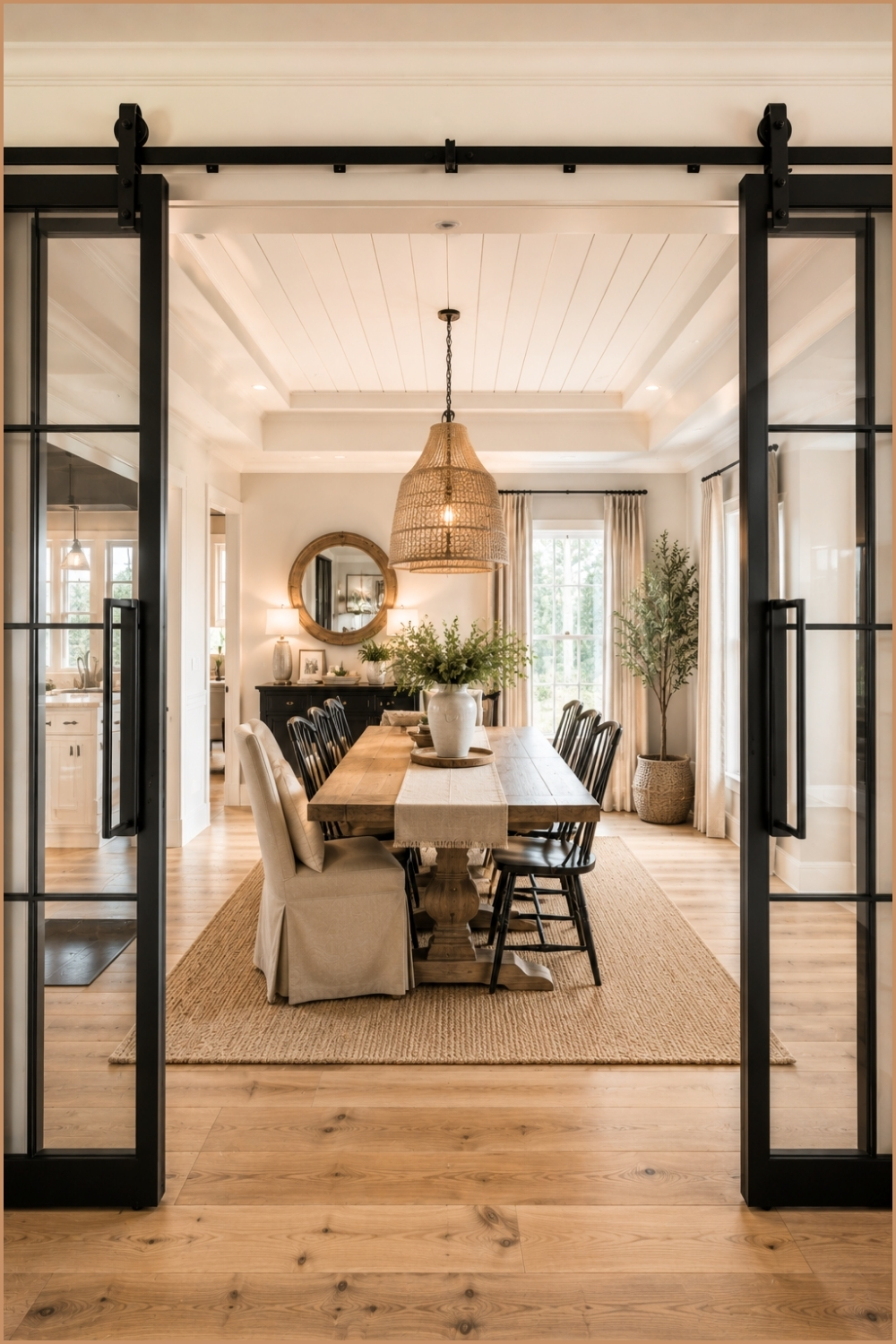 Modern Farmhouse Dining Room With Sliding Doors