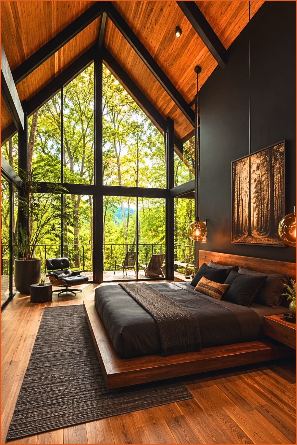 Modern Glass Forest Cabin Bedroom