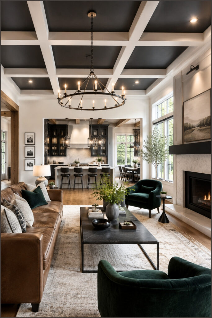 Modern Living Room With Dark Coffered Ceiling