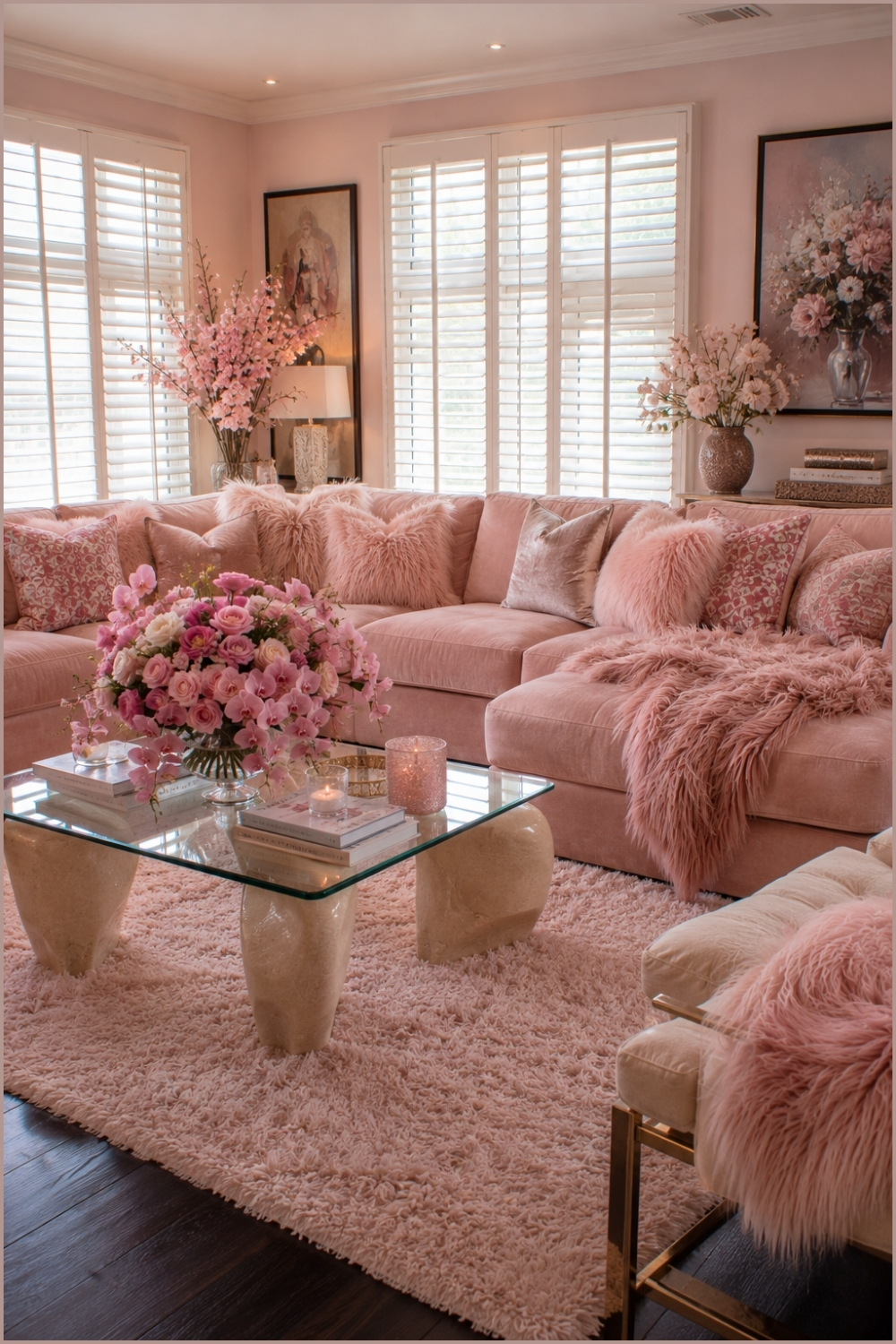 Modern Romantic Lounge with Textural Pink Accents