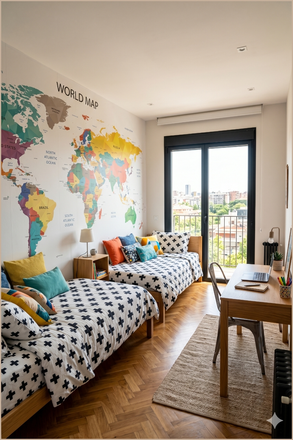 Modern World Map Bedroom with Study