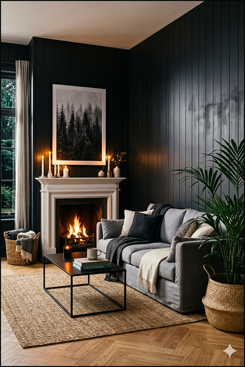 Moody Black Scandinavian Fireplace Lounge