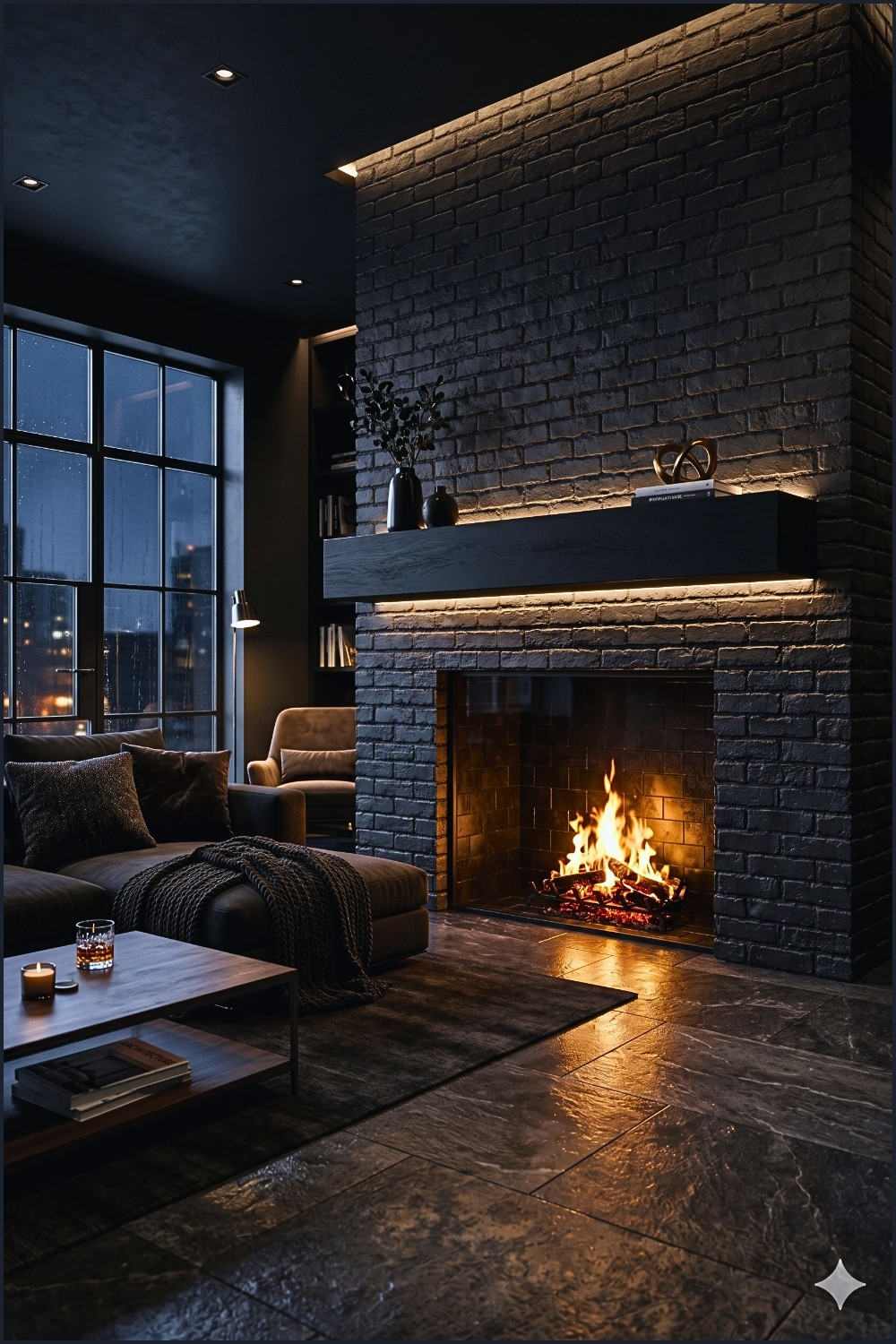 Moody Contemporary Brick Fireplace