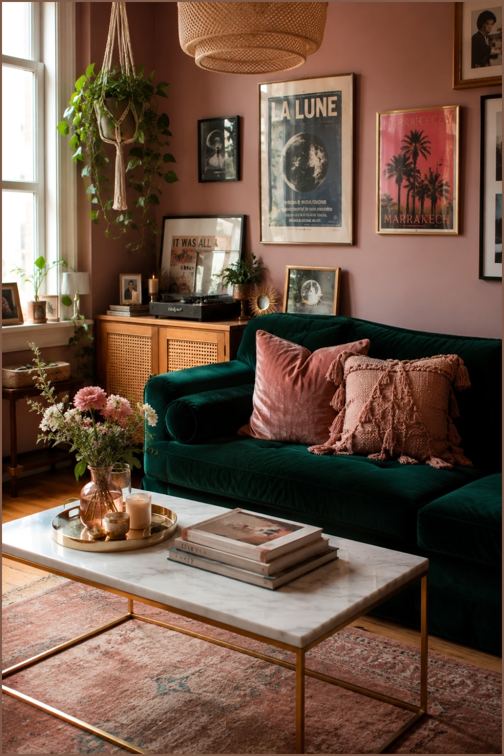 Moody Mauve Meets Forest Green Living Room