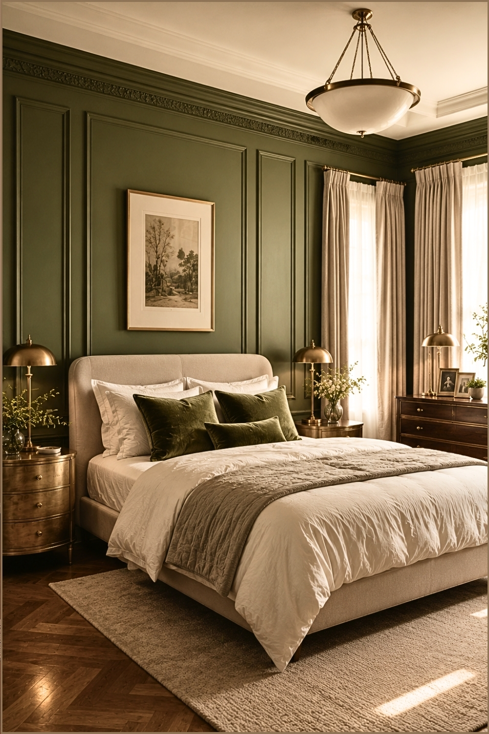Moody Olive Green Panel Wall Bedroom