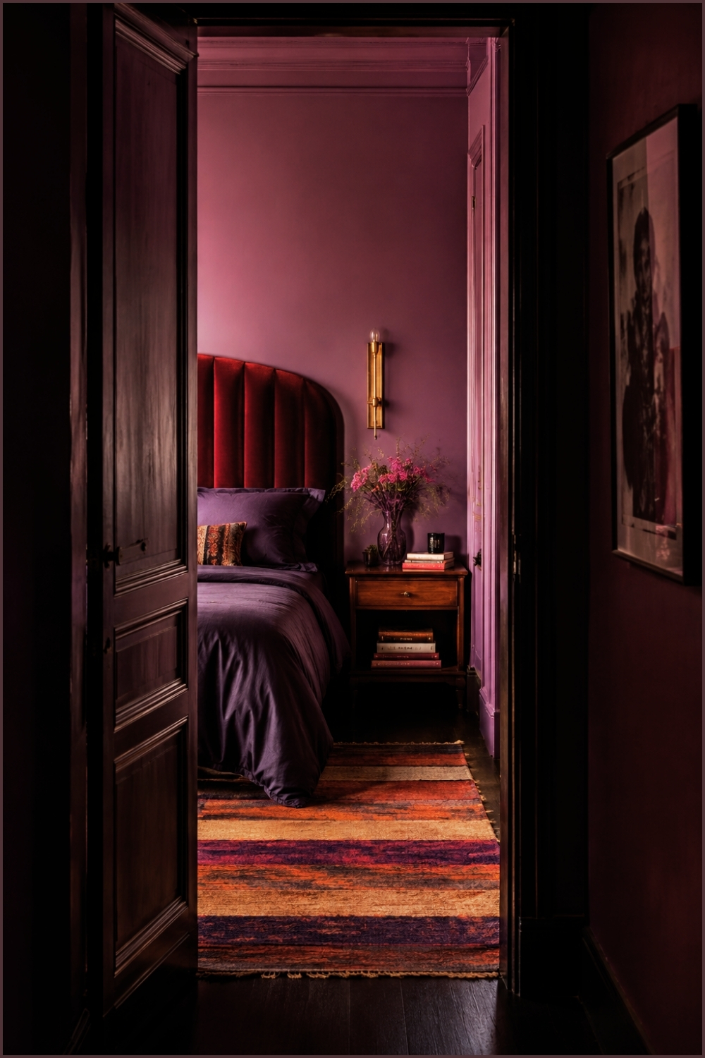 Moody Violet Bedroom With Red Velvet Headboard