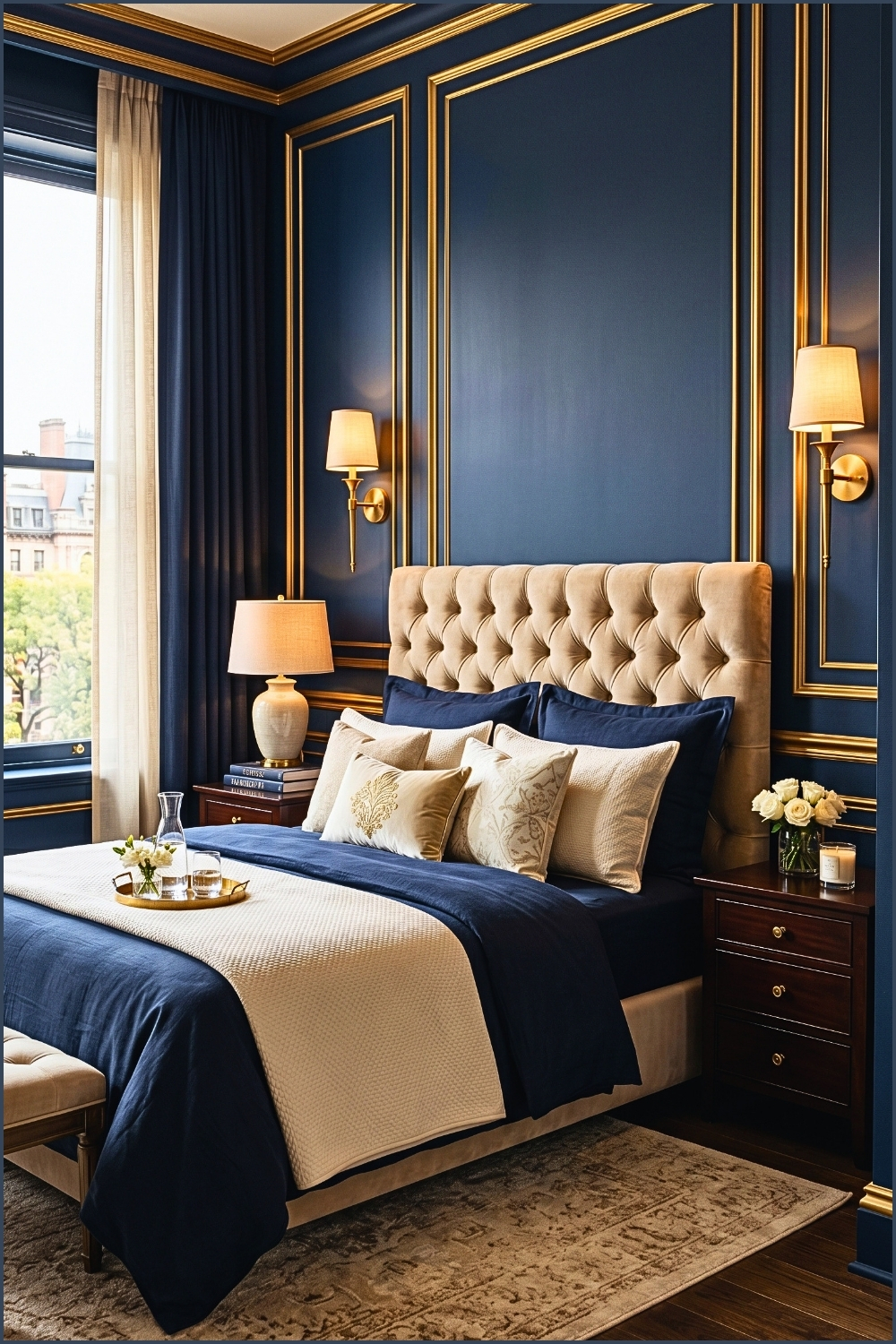Navy Paneled Bedroom with Gold Accents