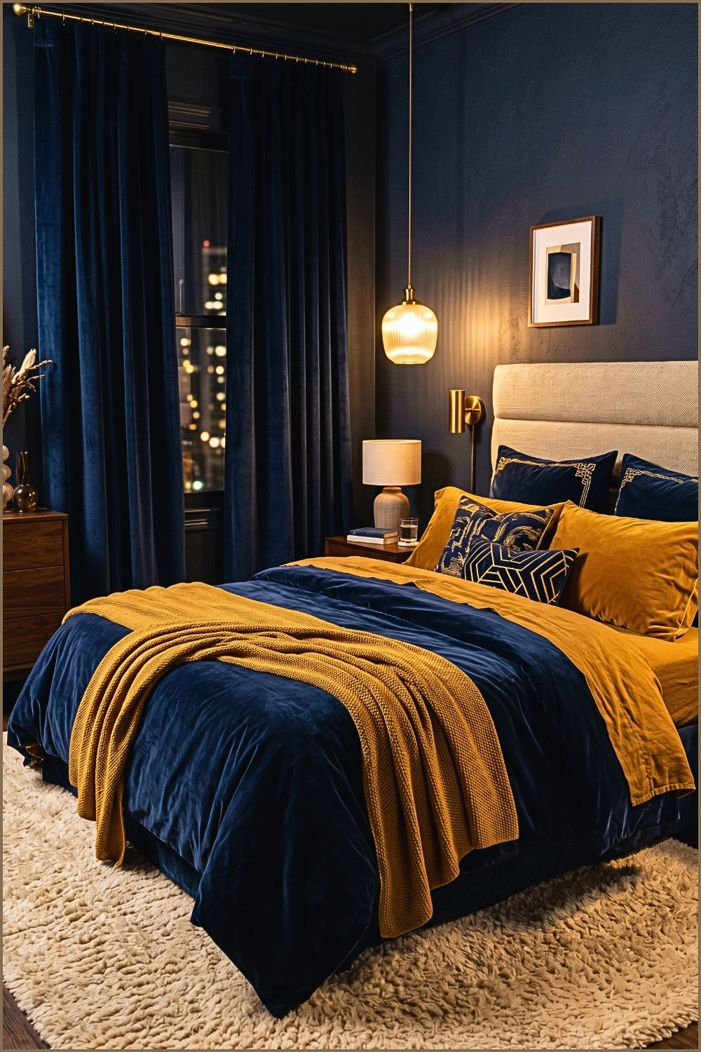 Navy and Gold Textile Layered Bedroom