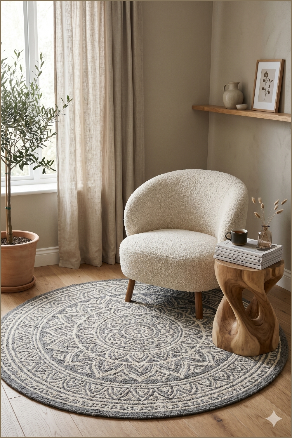 Neutral Mandala Rug Reading Nook