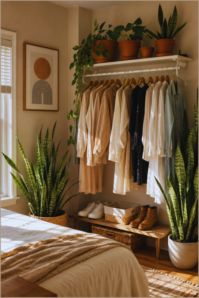 Open Clothing Rack with Plants