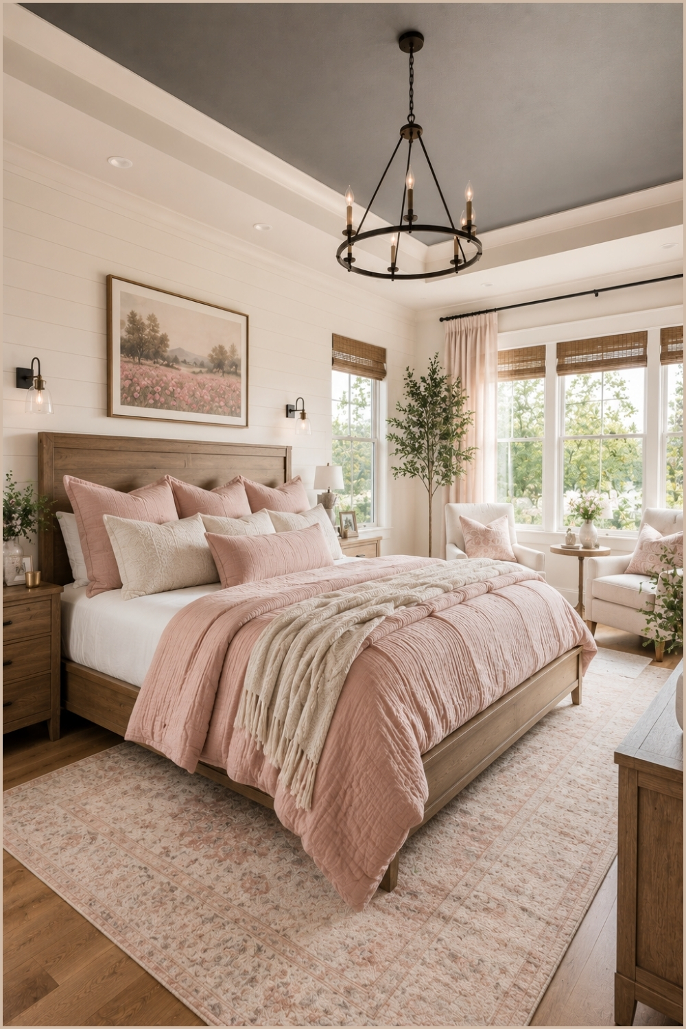 Pink and Gray Bedroom With Dark Ceiling