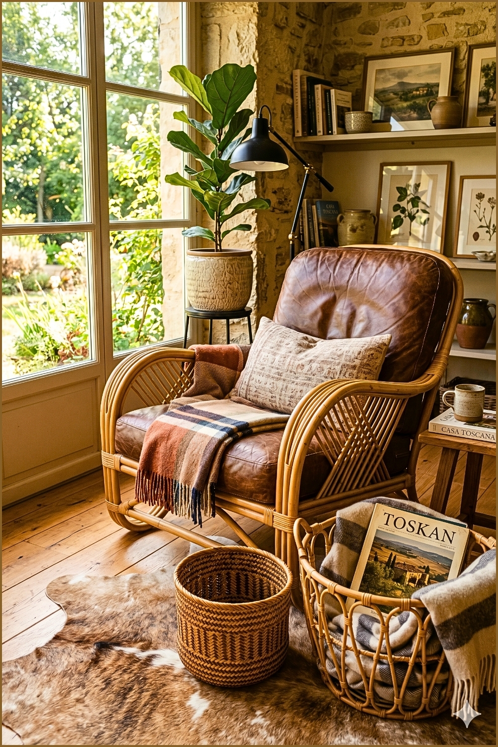 Rattan Armchair and Woven Baskets