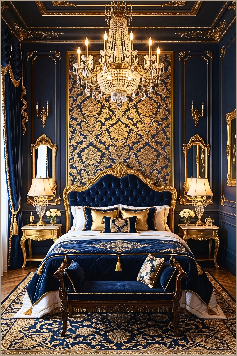 Regal Blue and Gold Statement Wall Bedroom