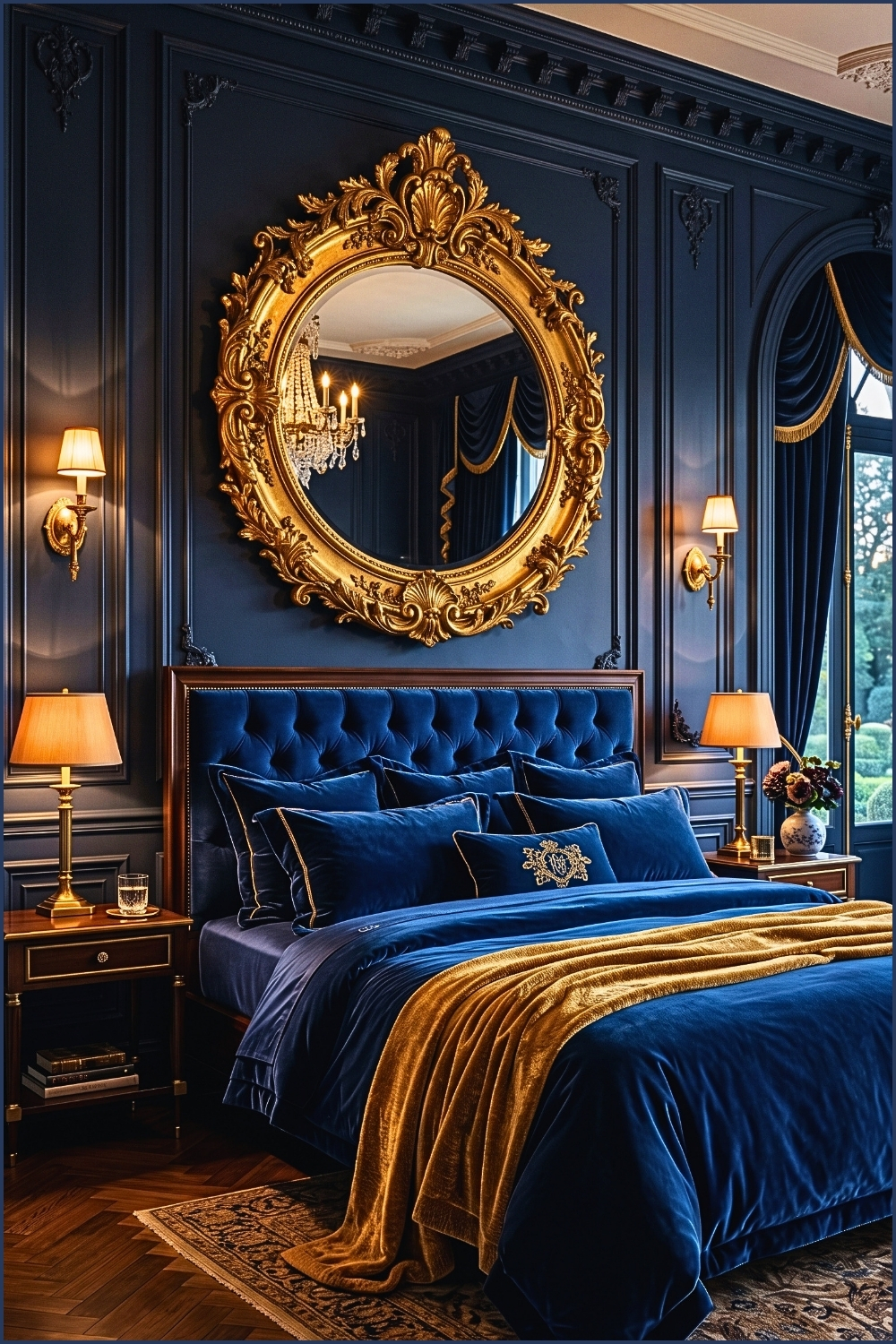 Regal Navy Bedroom with Ornate Gold Mirror