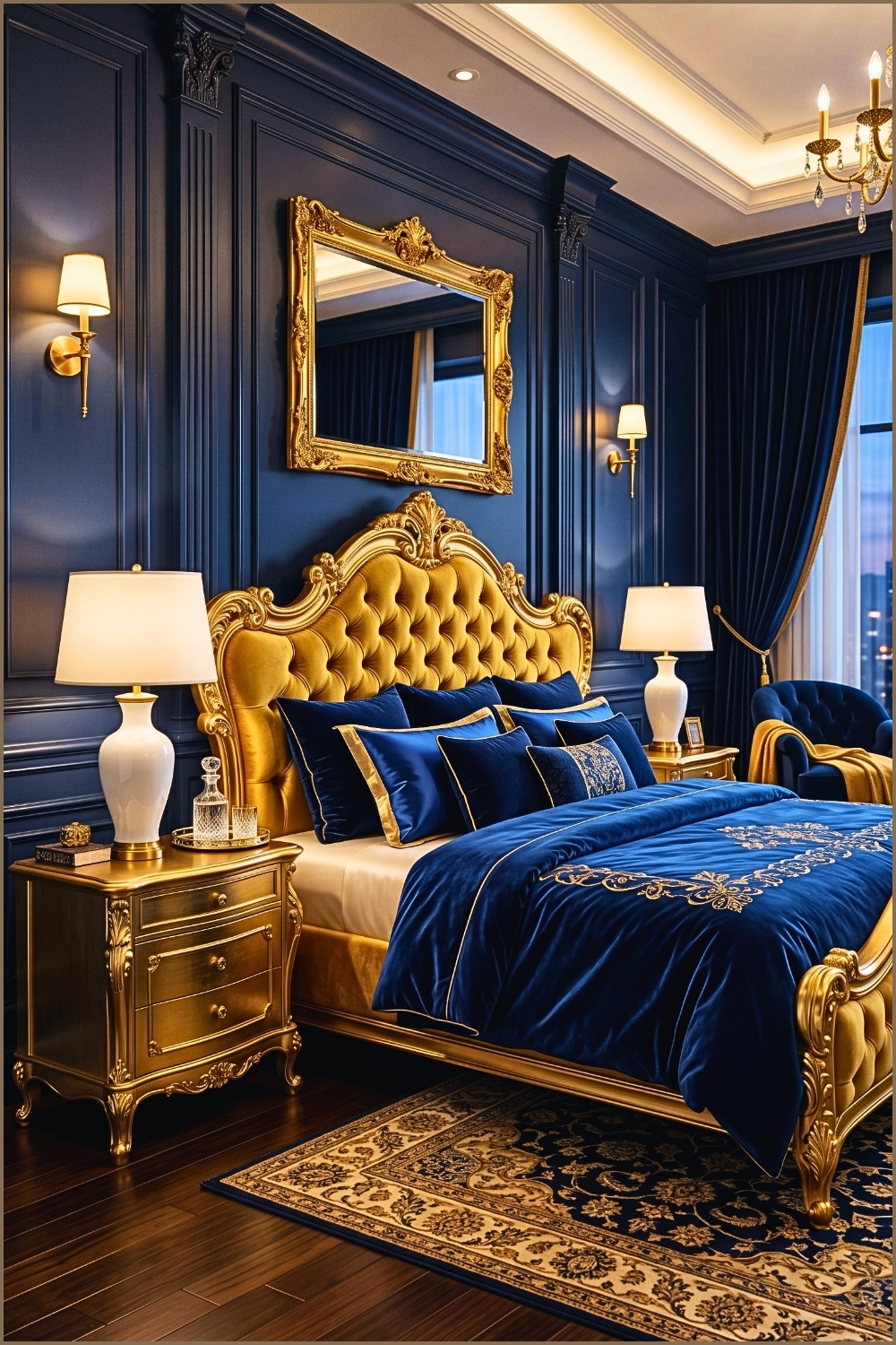 Royal Gold Bed Against Navy Walls