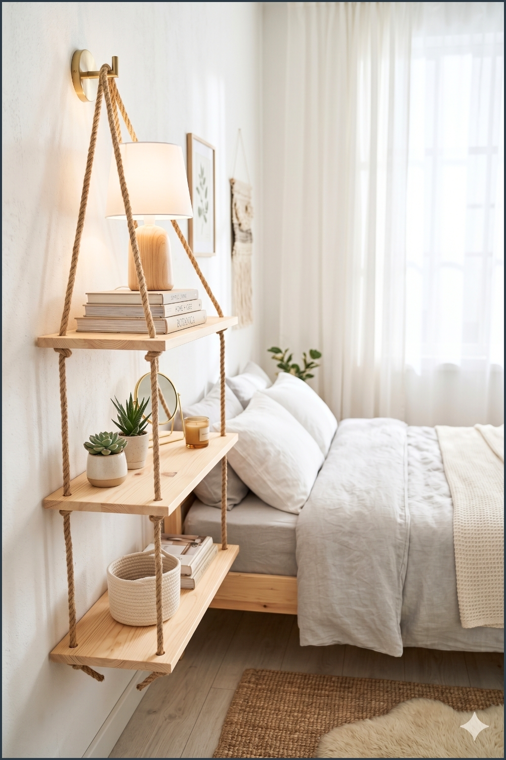 Rustic Bedside Hanging Rope Shelves