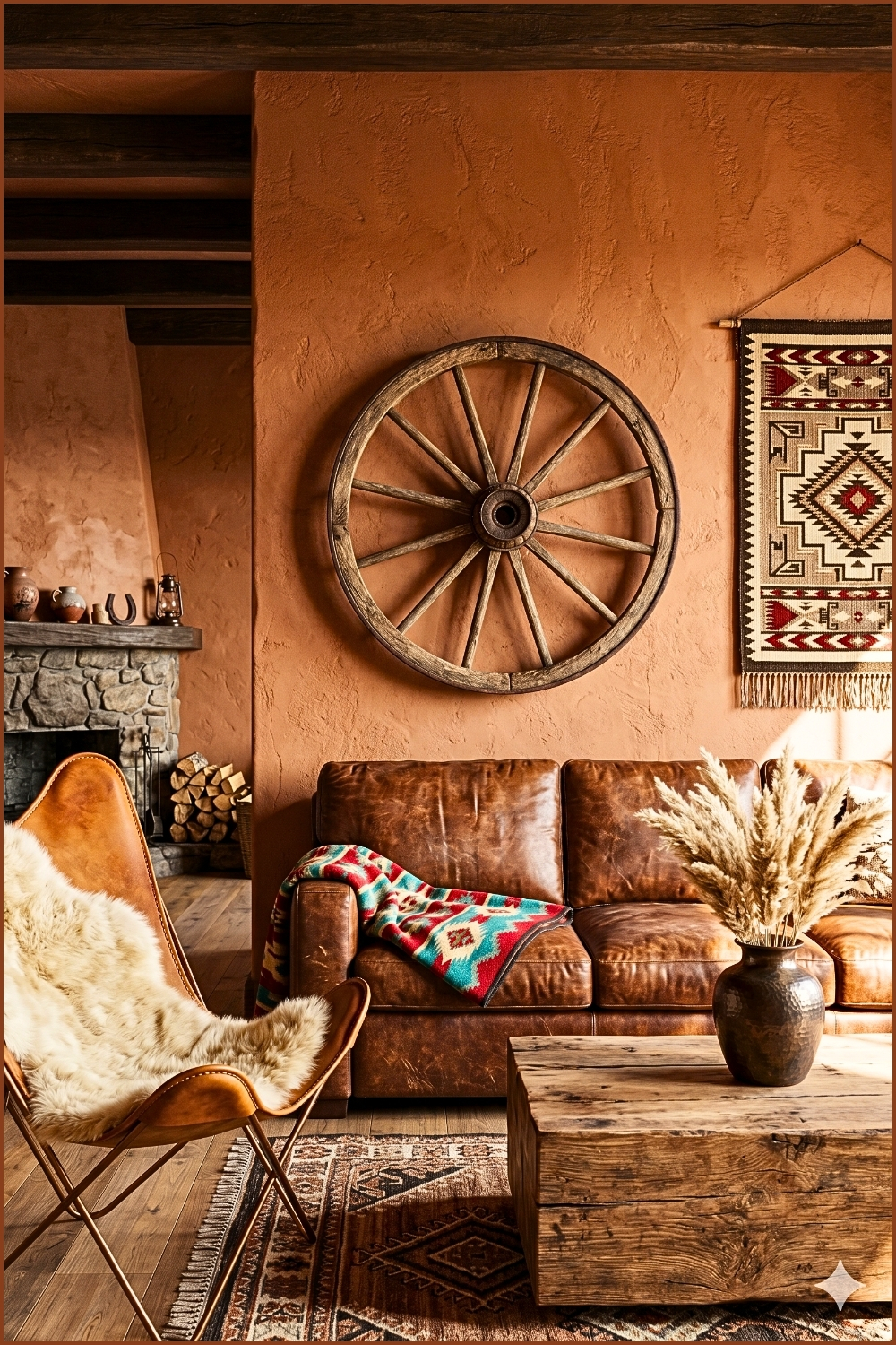 Rustic Living Room with Leather Sofa and Iconic Wagon Wheel