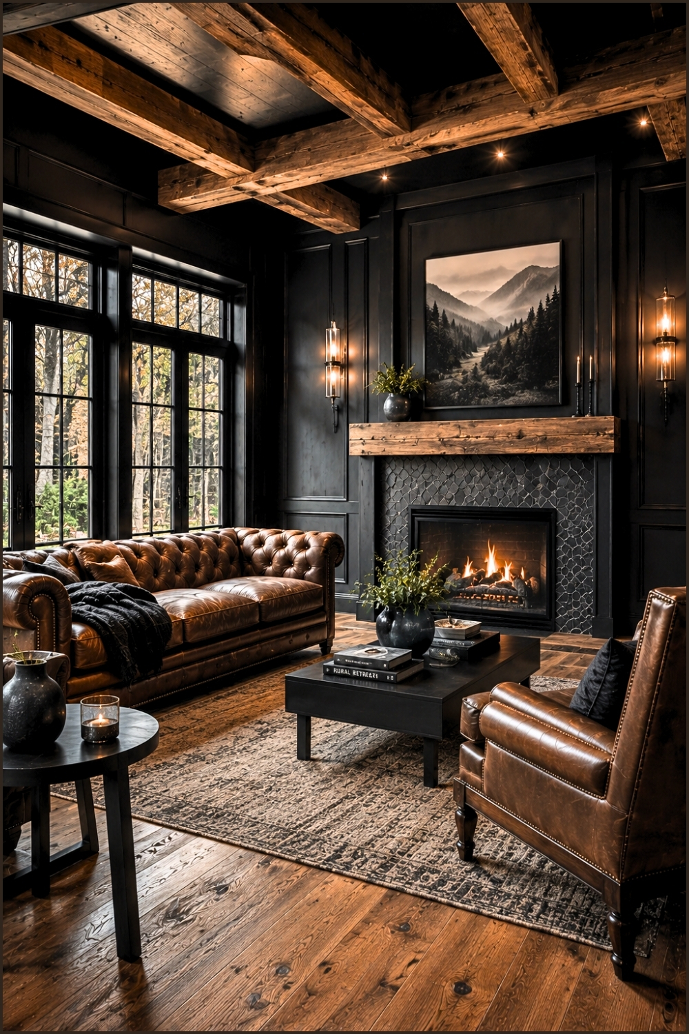 Rustic Modern Black Living Room With Wood Beams