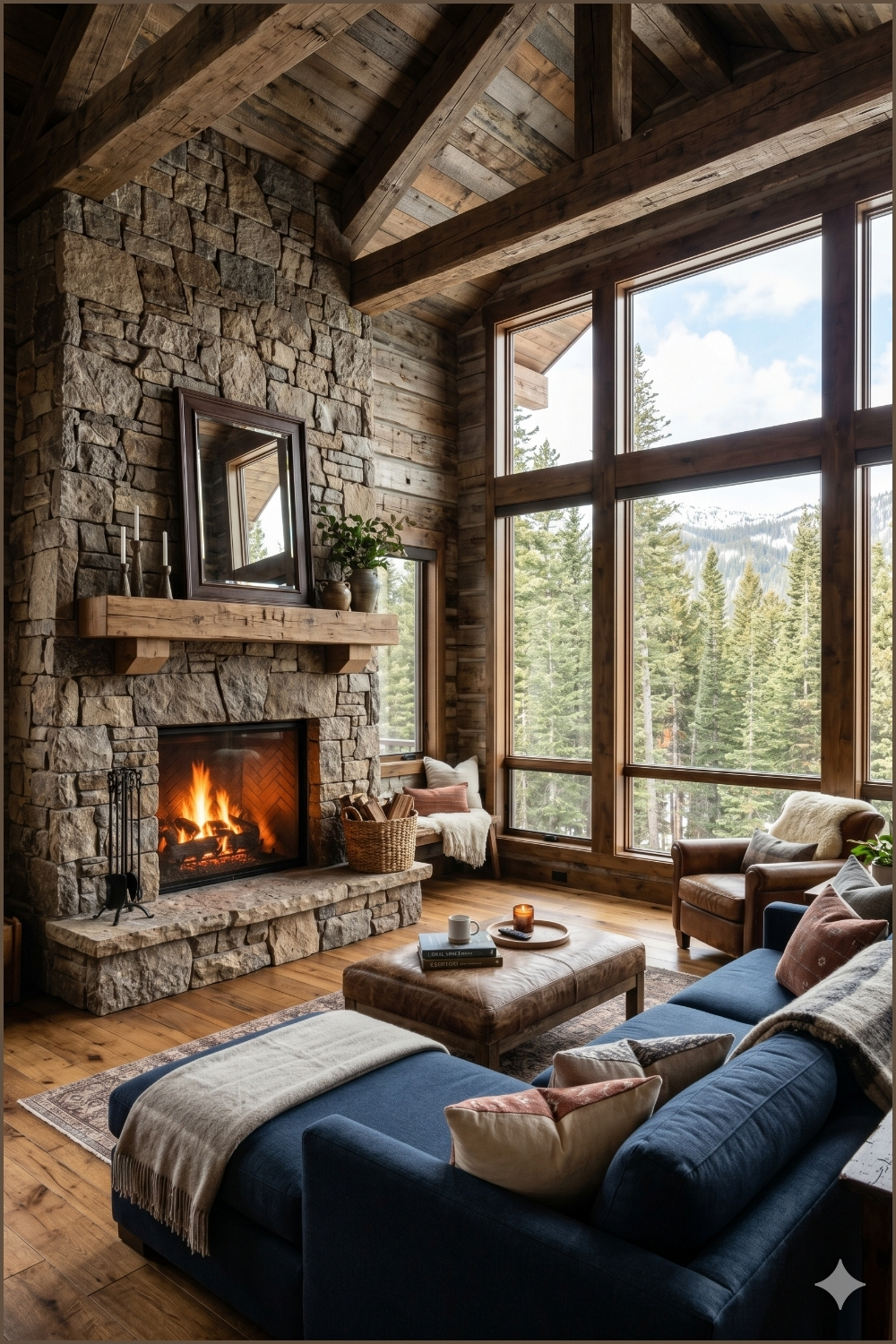 Rustic Stone Fireplace Mountain Cabin