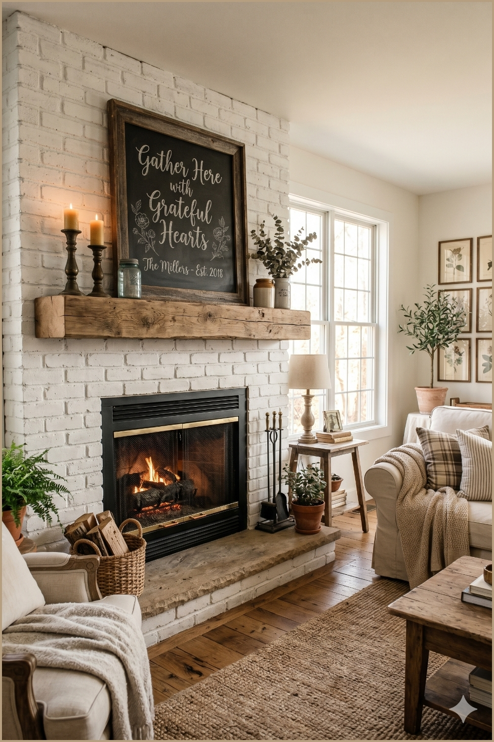 Rustic White Brick Fireplace With Vintage Mantel