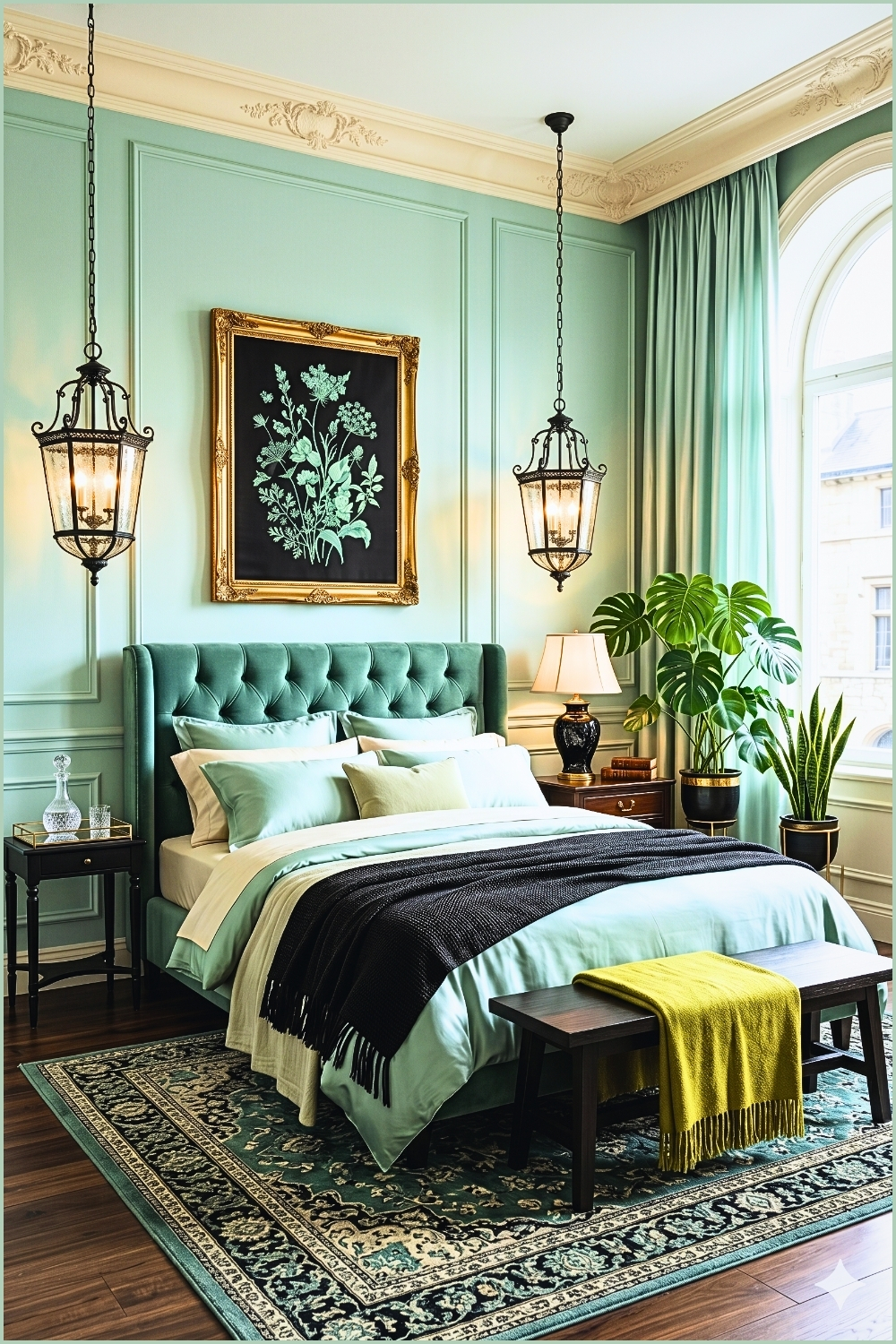 Seafoam Green and Black Silk Bedroom