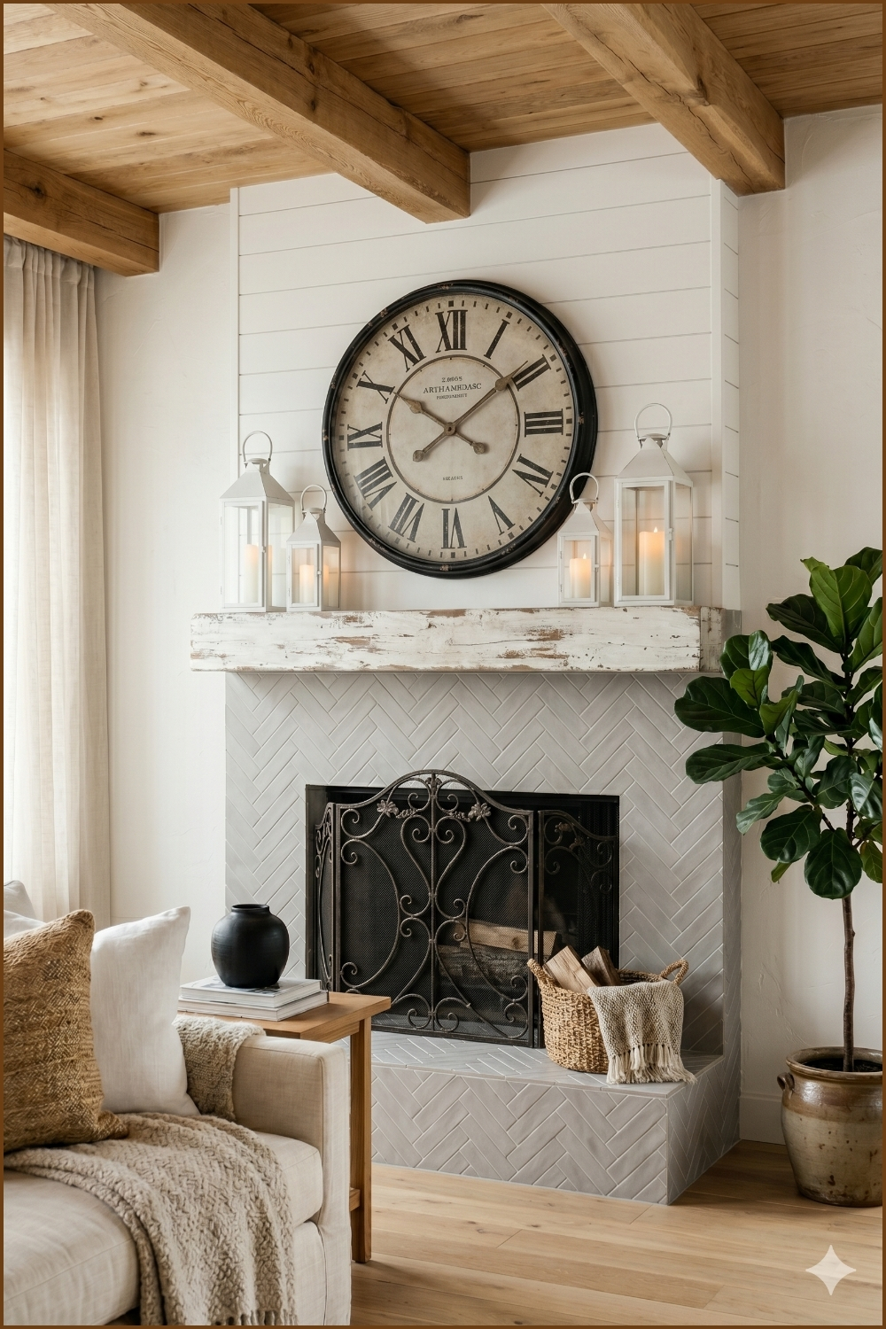 Shiplap Fireplace with Herringbone Tile