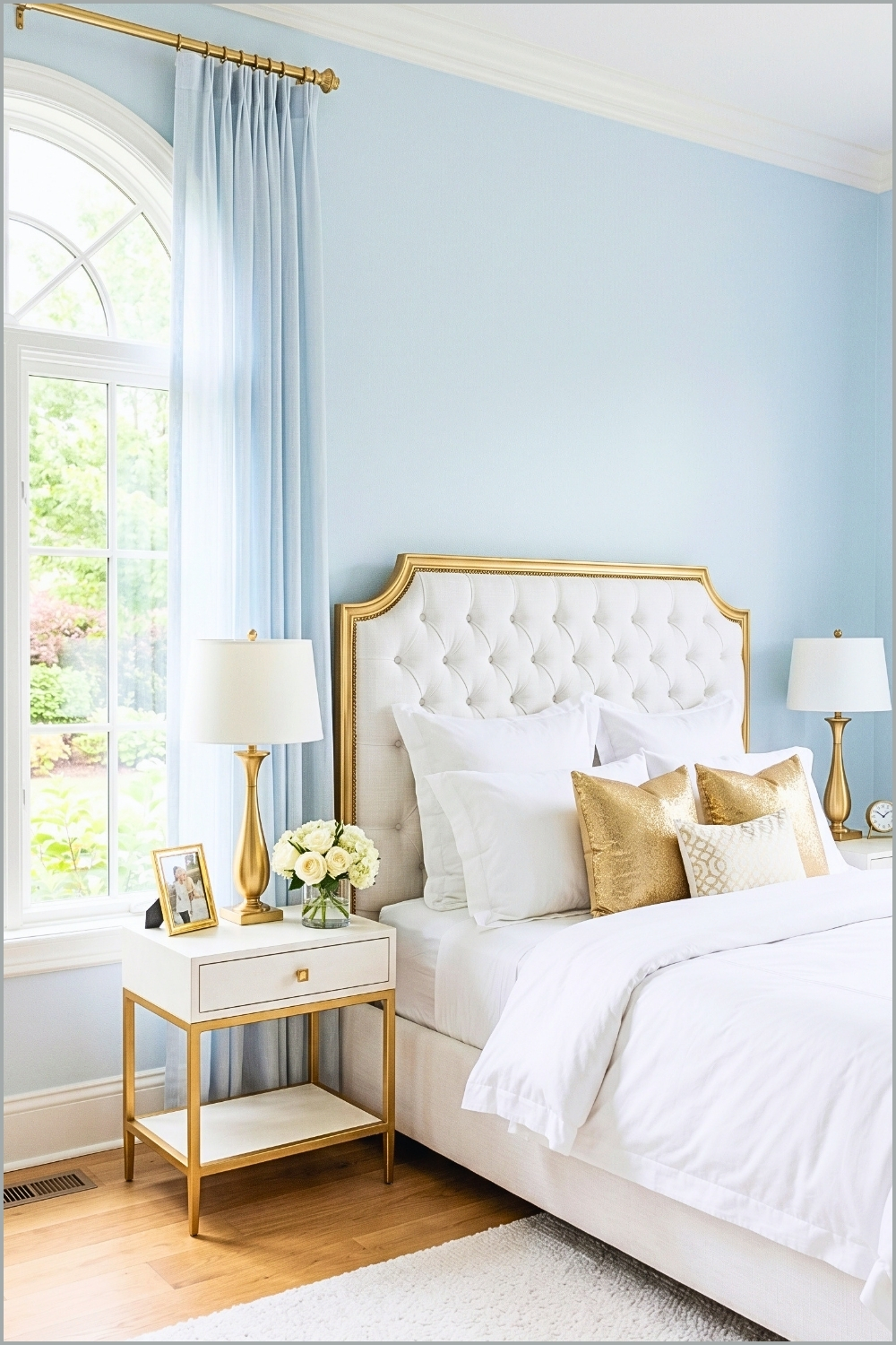 Soft Blue Bedroom with Gold Accents