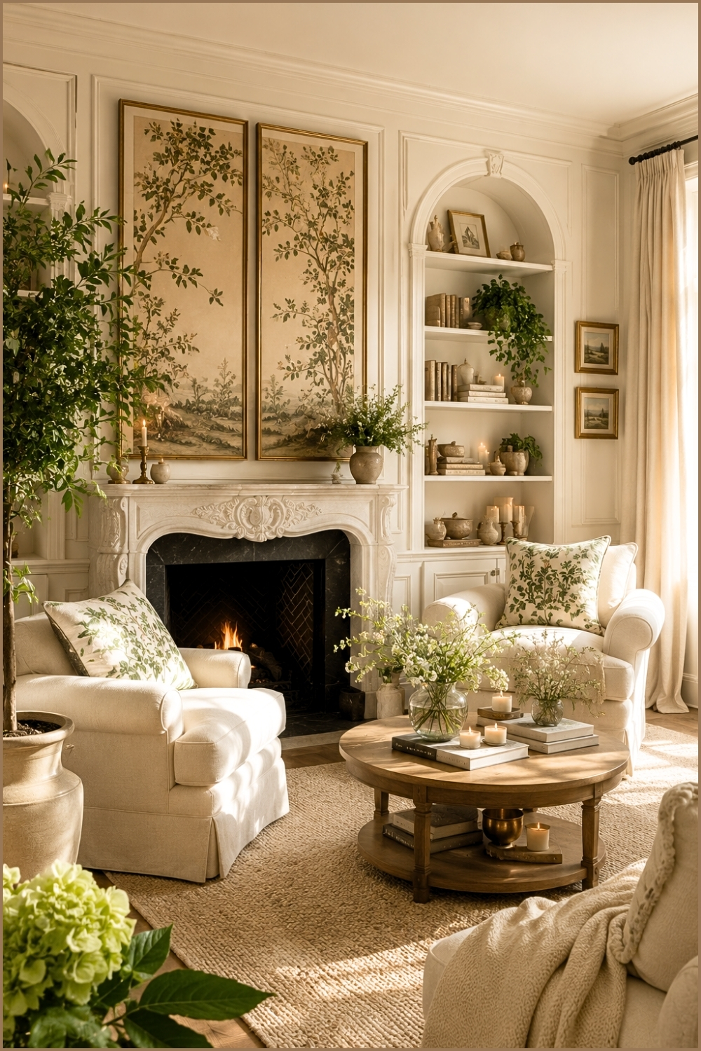 Soft Botanical Fireplace Reading Room