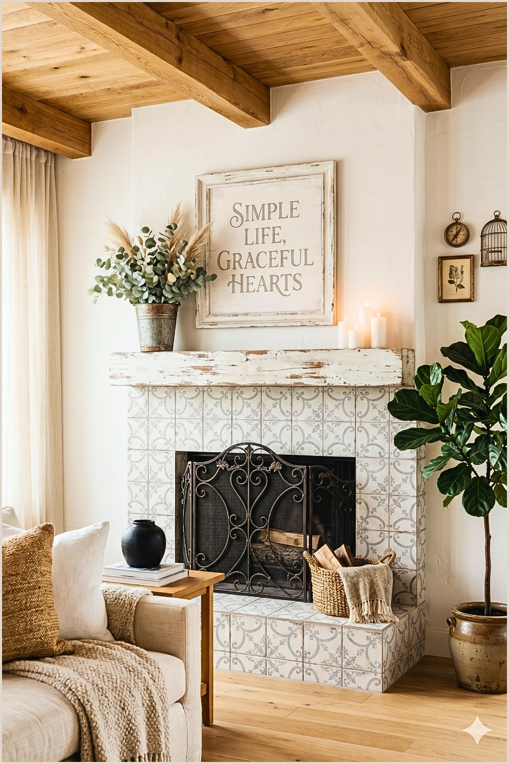 Soft Farmhouse Stenciled Fireplace