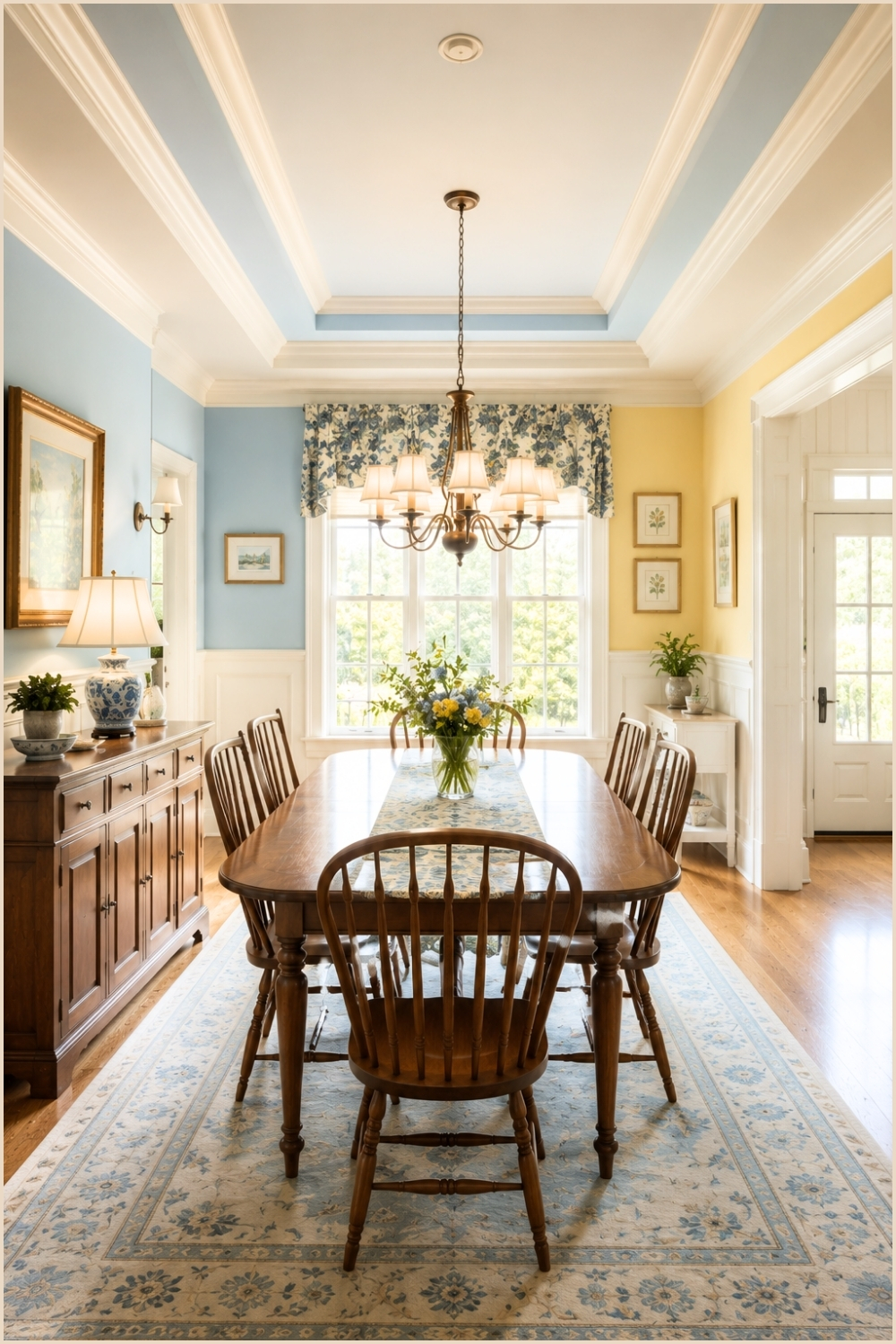 Soft Pastel Dining Room With Tray Ceiling
