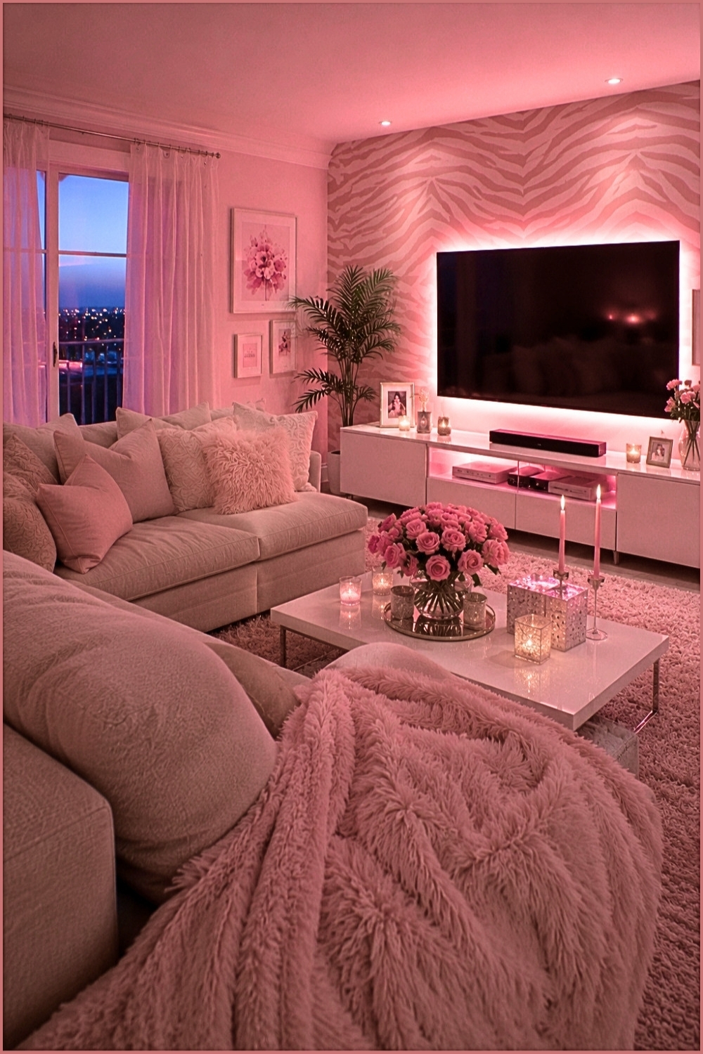 Soft Pink Glow with Cozy Movie Night Vibes