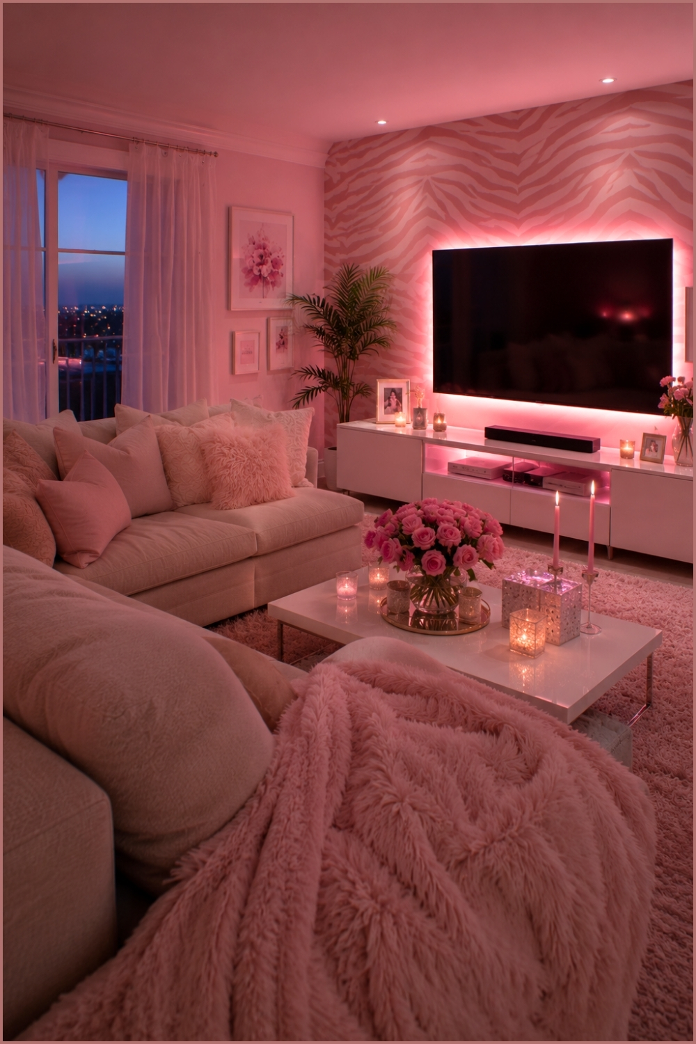 Soft Pink Glow with Cozy Movie Night Vibes