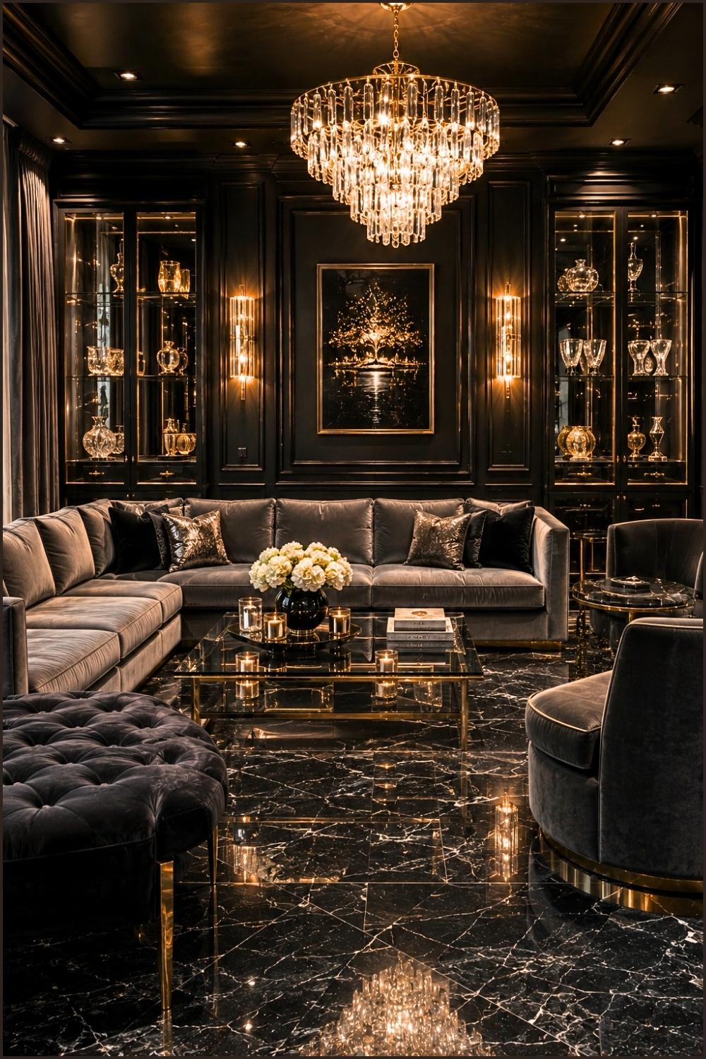 Sophisticated Black Glam Living Room With Crystal Chandelier