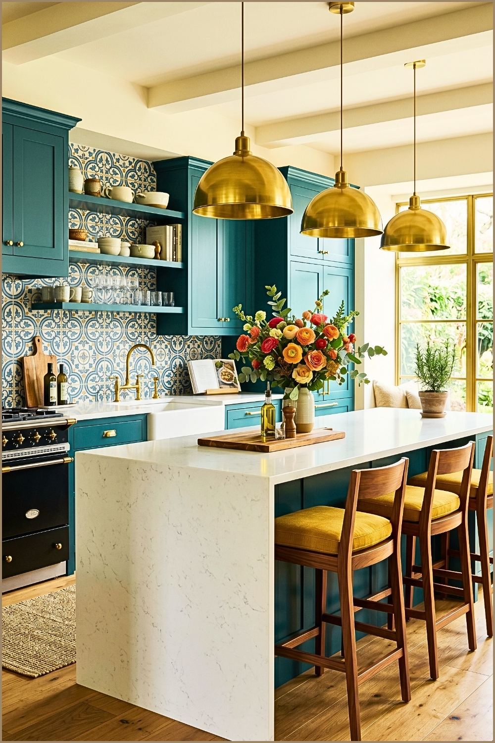 Teal Blue Luxury Kitchen With Brass Pendants
