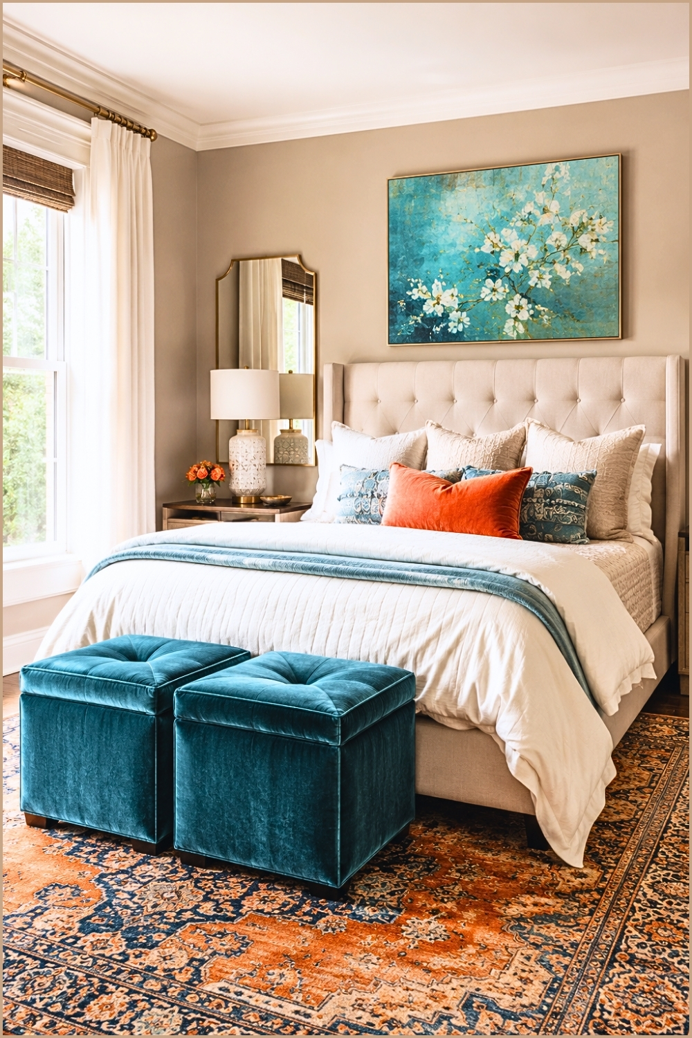 Teal and Orange Cozy Bedroom Sitting Area