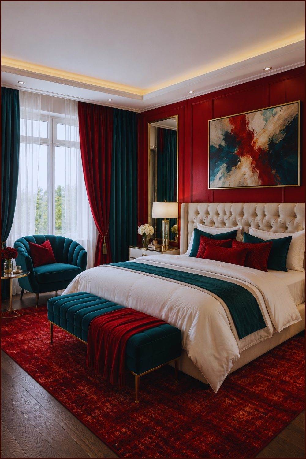 Teal and Ruby Contemporary Bedroom