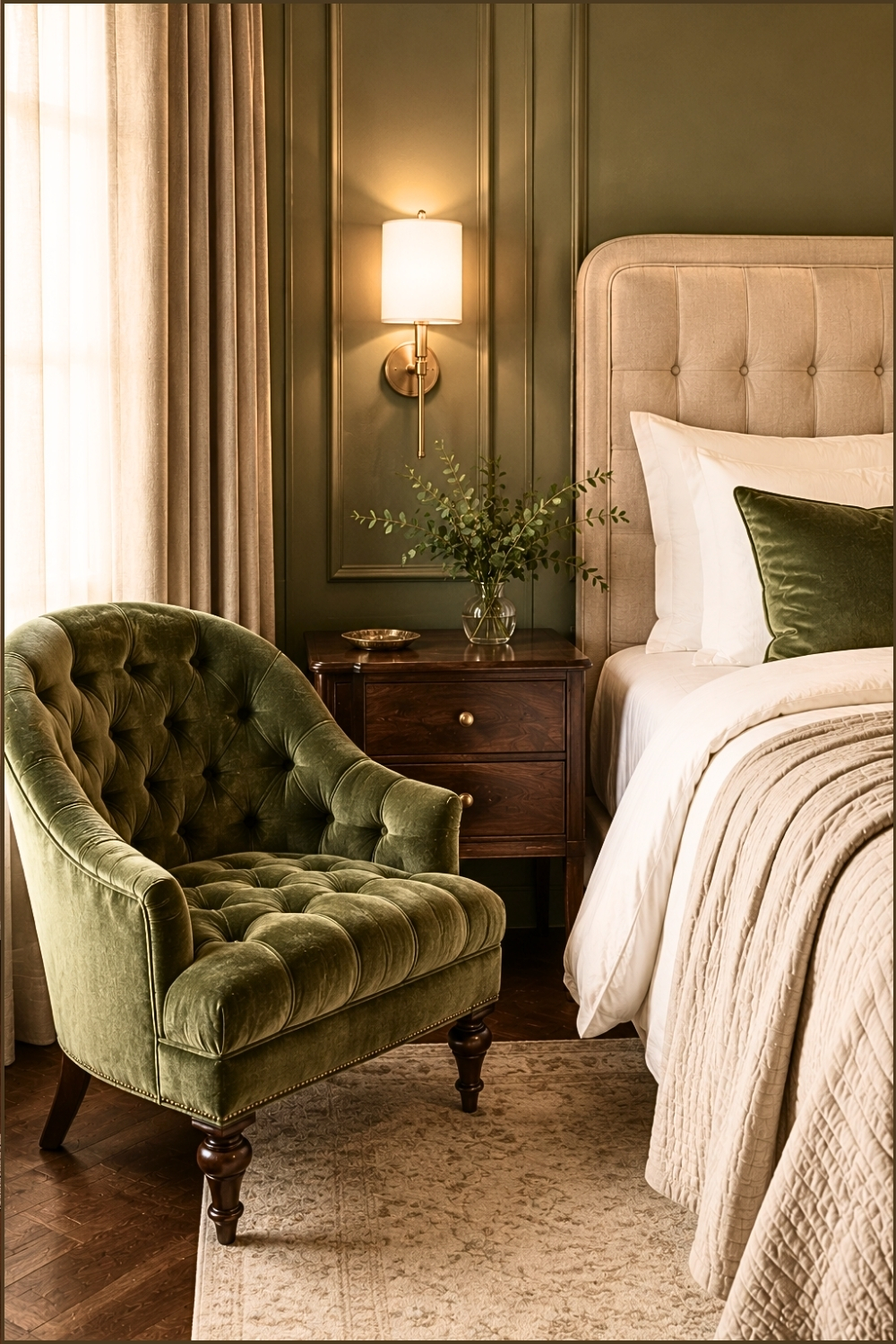 Velvet Olive Accent Chair Bedroom Corner