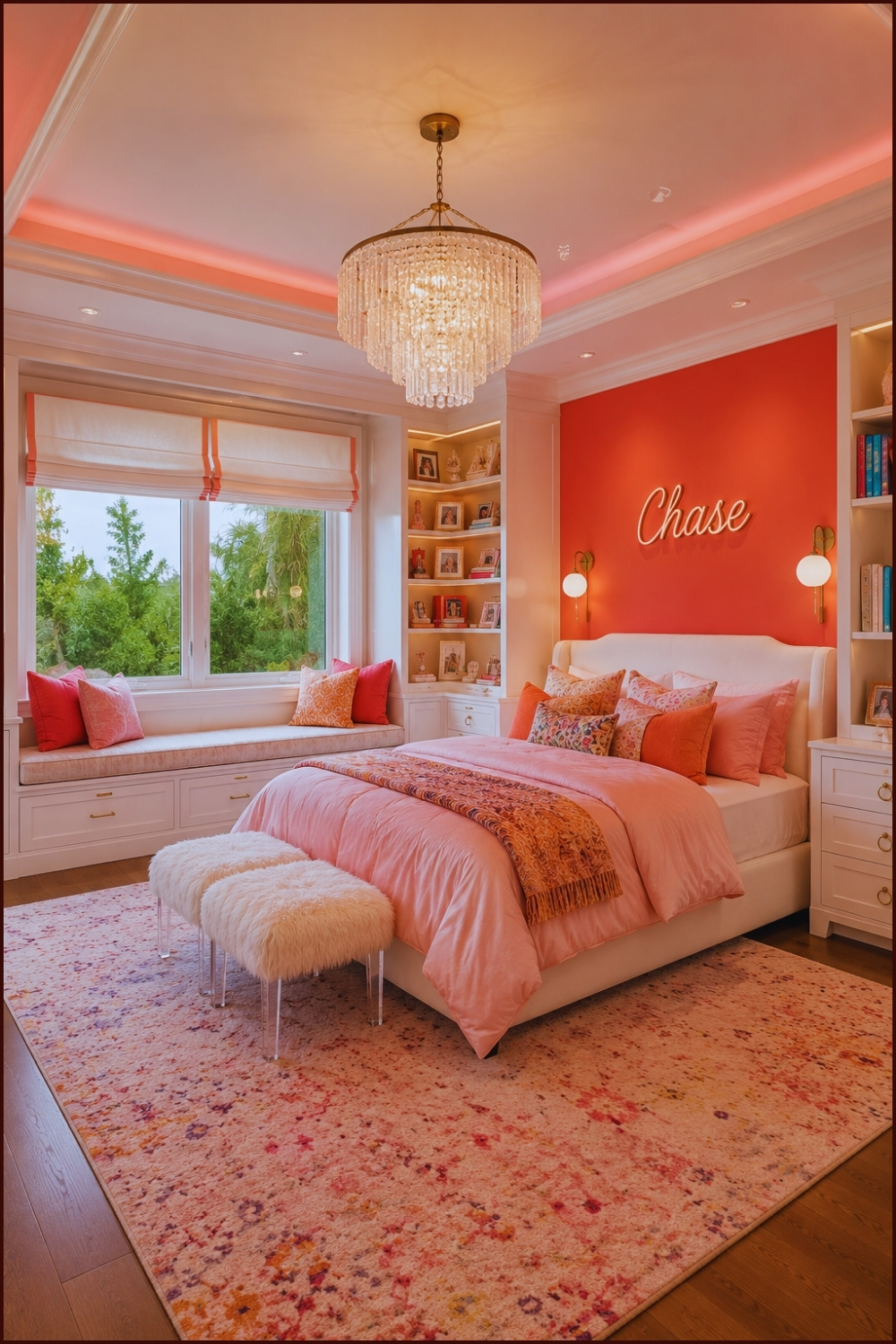 Vibrant Coral and Pink Girls Bedroom